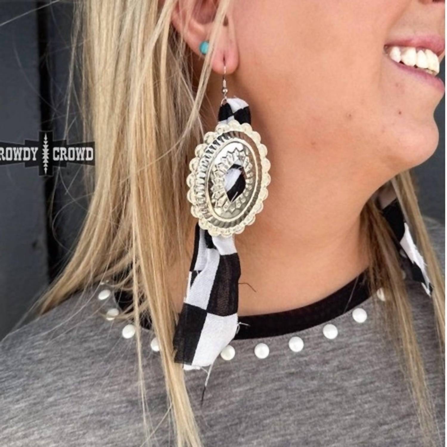 Women's Checkered Concho Bandana Dangle Earrings In Black/white