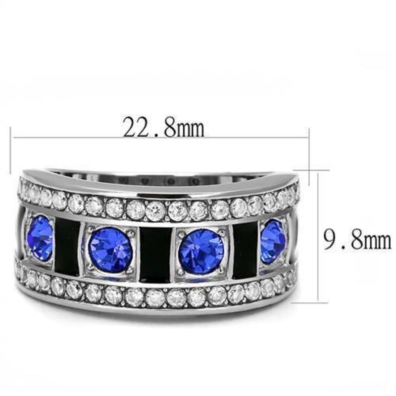 High polished (no plating) Stainless Steel Ring with Top Grade Crystal in Sapphire