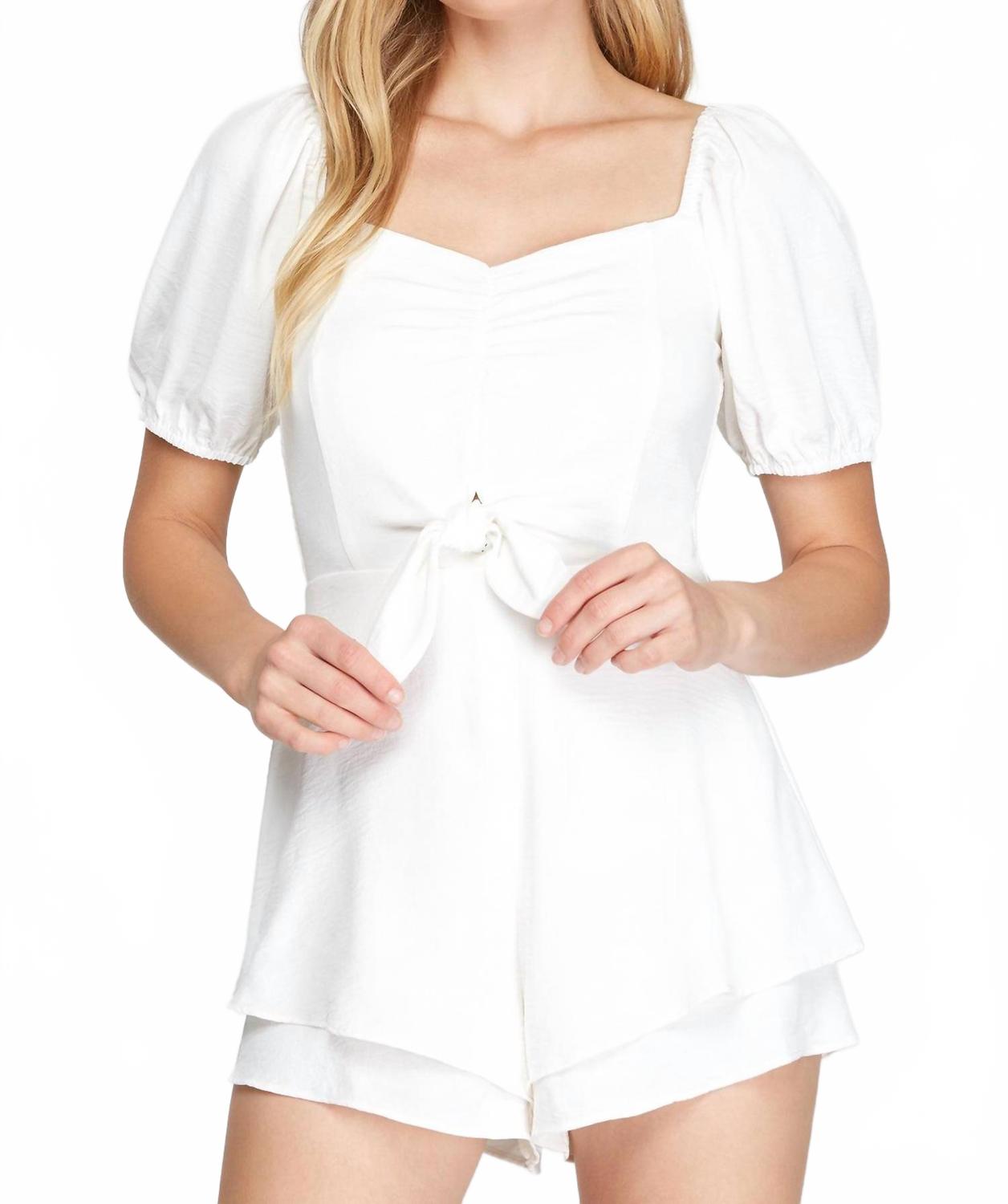 Short Puff Sleeve Layered Romper With Shirred Front In Off White