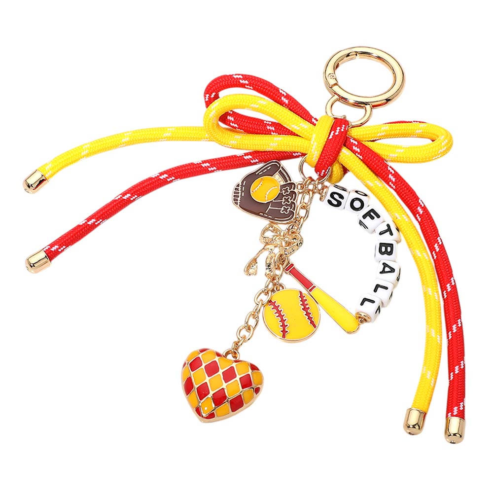 Bow Accent SOFTBALL Message Beaded Charm Drop Keychain Bag Charm