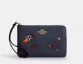 NWT Coach Leather Corner Zip Wristlet Wallet with Embellishments In Gold/Denim