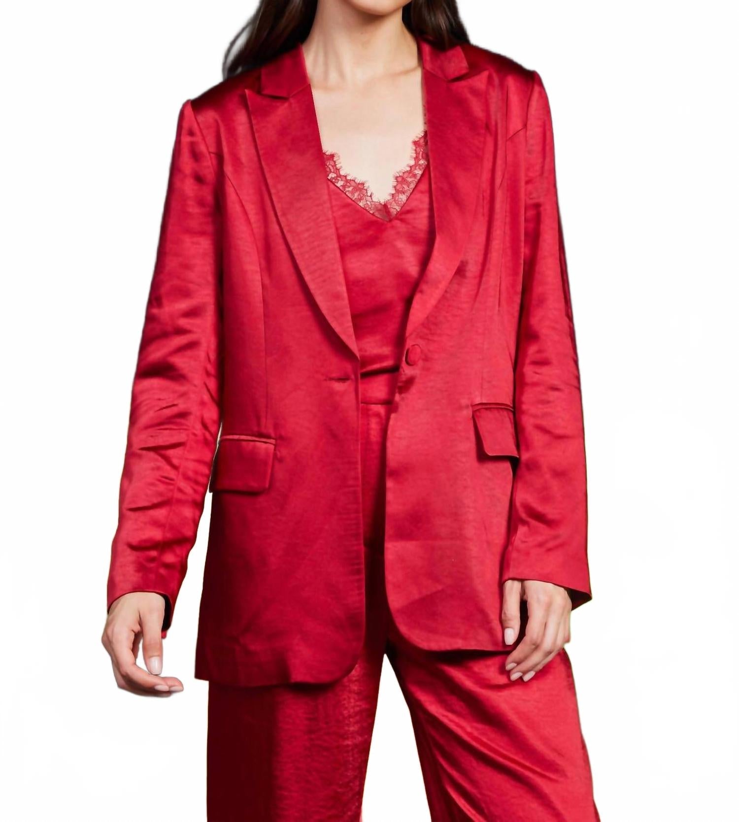 One Button Dull Satin Blazer In Red