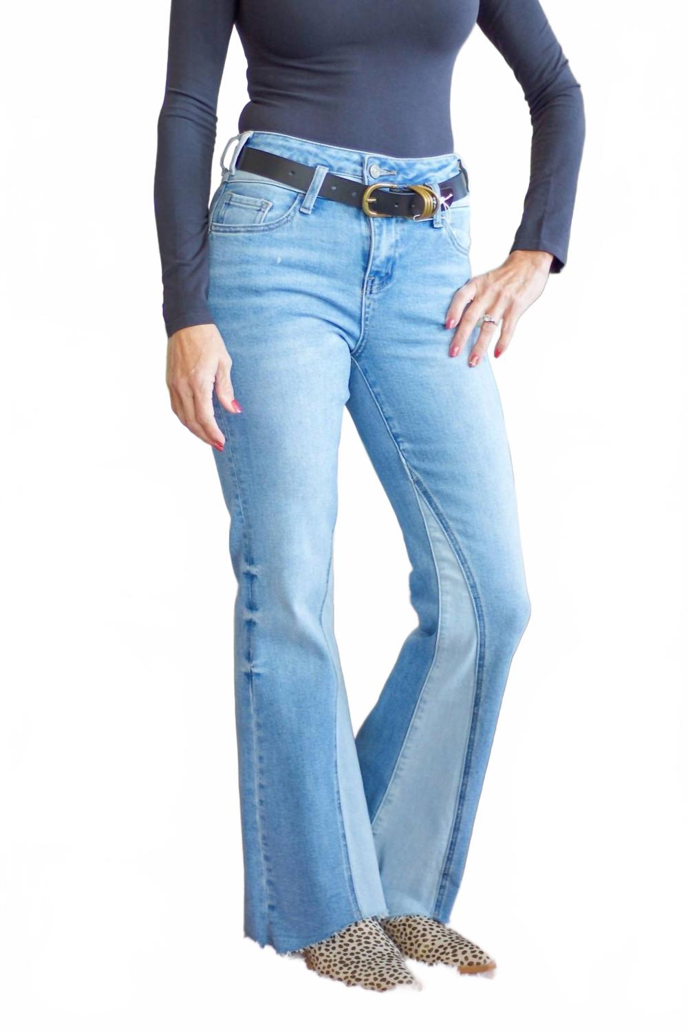 High Rise Flare With Raw Hem Jean In Light Wash