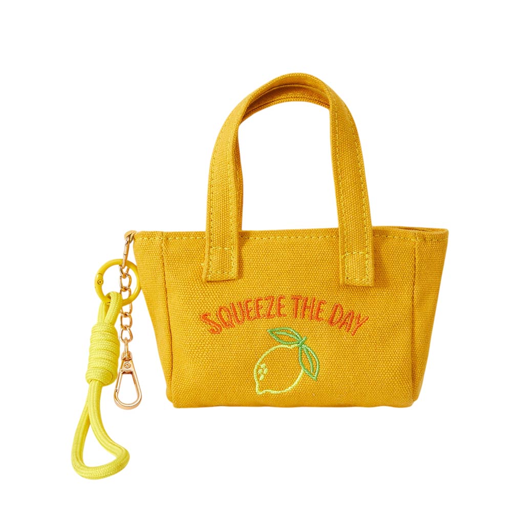 Squeeze Day Lemon Embroidered Mini Canvas Tote Bag Keychain Bag Charm
