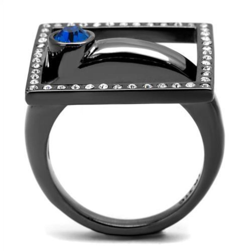 IP Light Black Stainless Steel Ring with Top Grade Crystal in Capri Blue