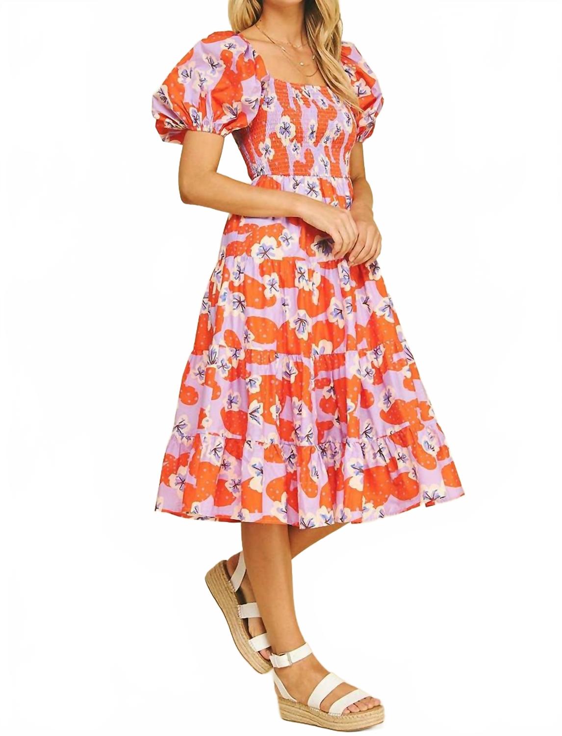 Floral Smocked Midi Dress With Bubble Sleeves In Lavender/orange