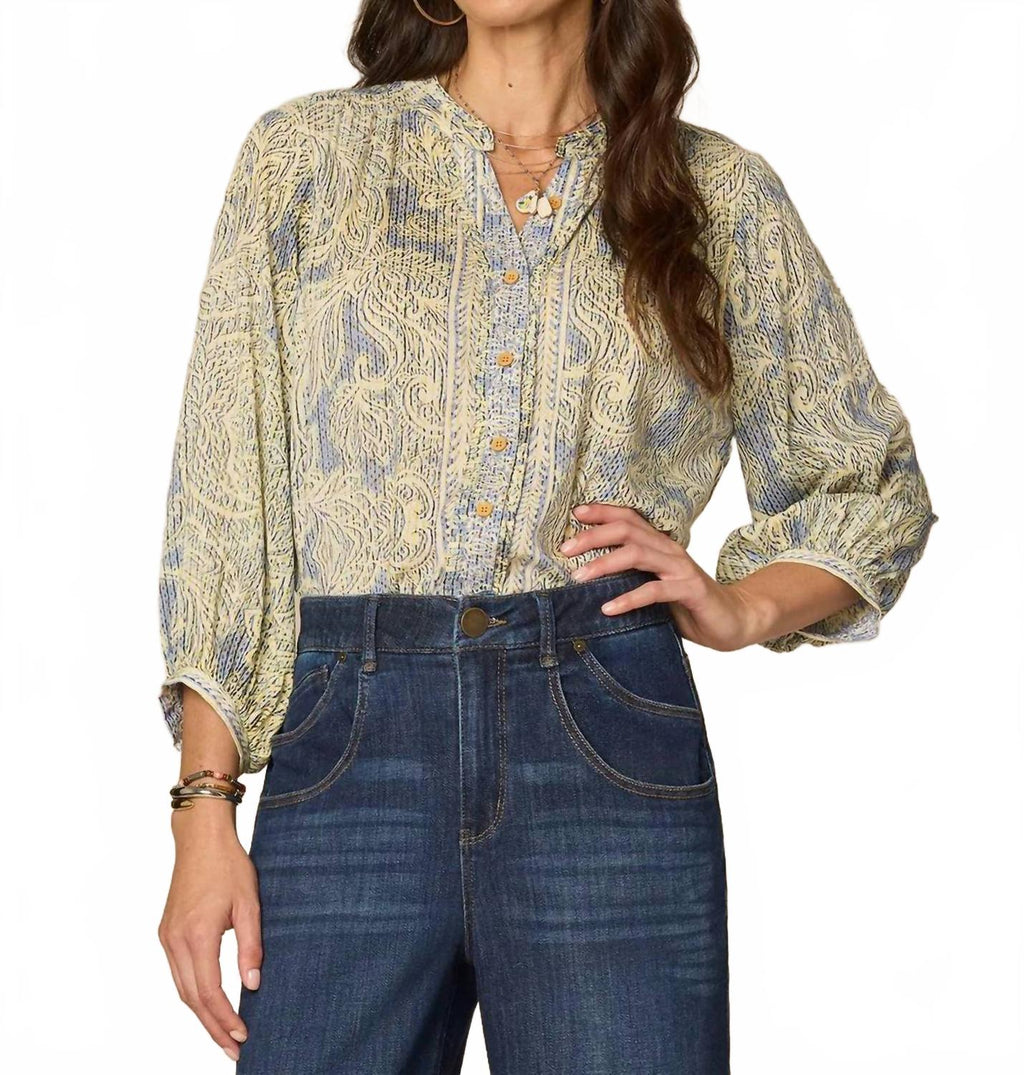 Pleated Button Down Blouson Sleeve Stand Collar Woven Top In Multicolor