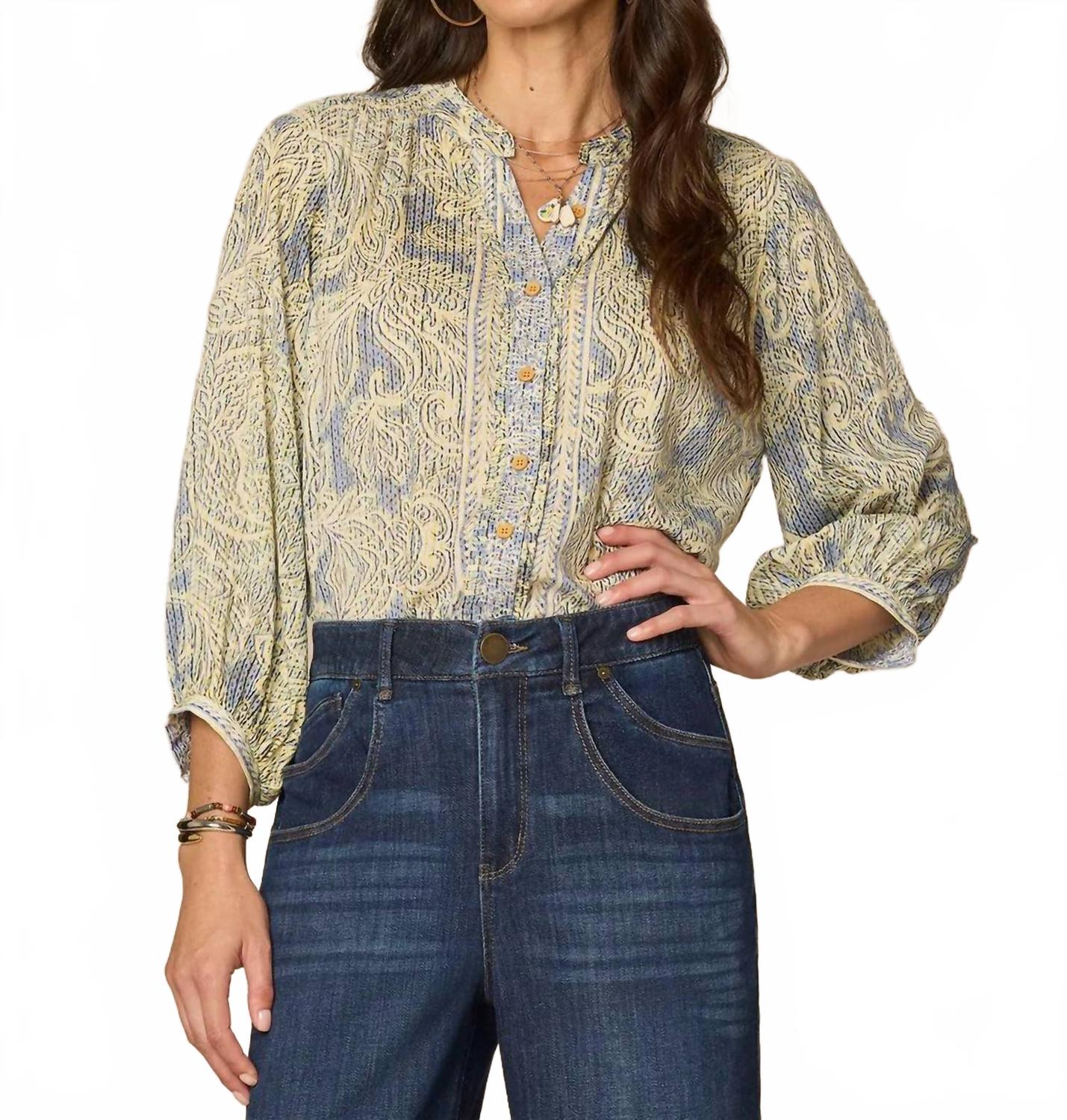 Pleated Button Down Blouson Sleeve Stand Collar Woven Top In Multicolor