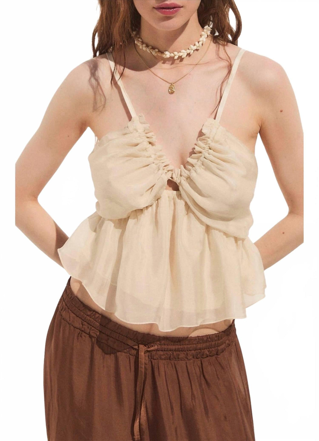 Bacio Smocked Ruffle Camisole Top In Cream