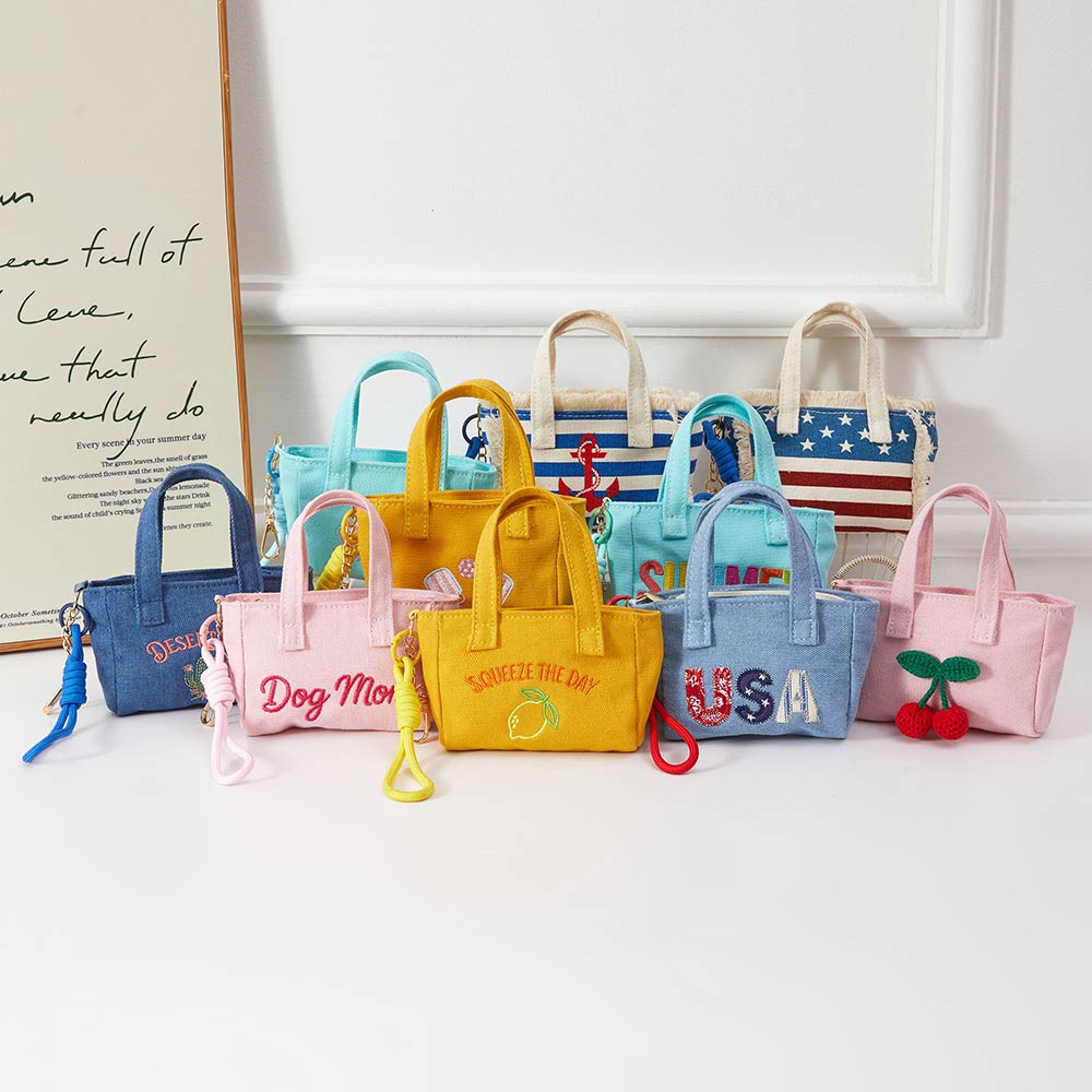 Squeeze Day Lemon Embroidered Mini Canvas Tote Bag Keychain Bag Charm