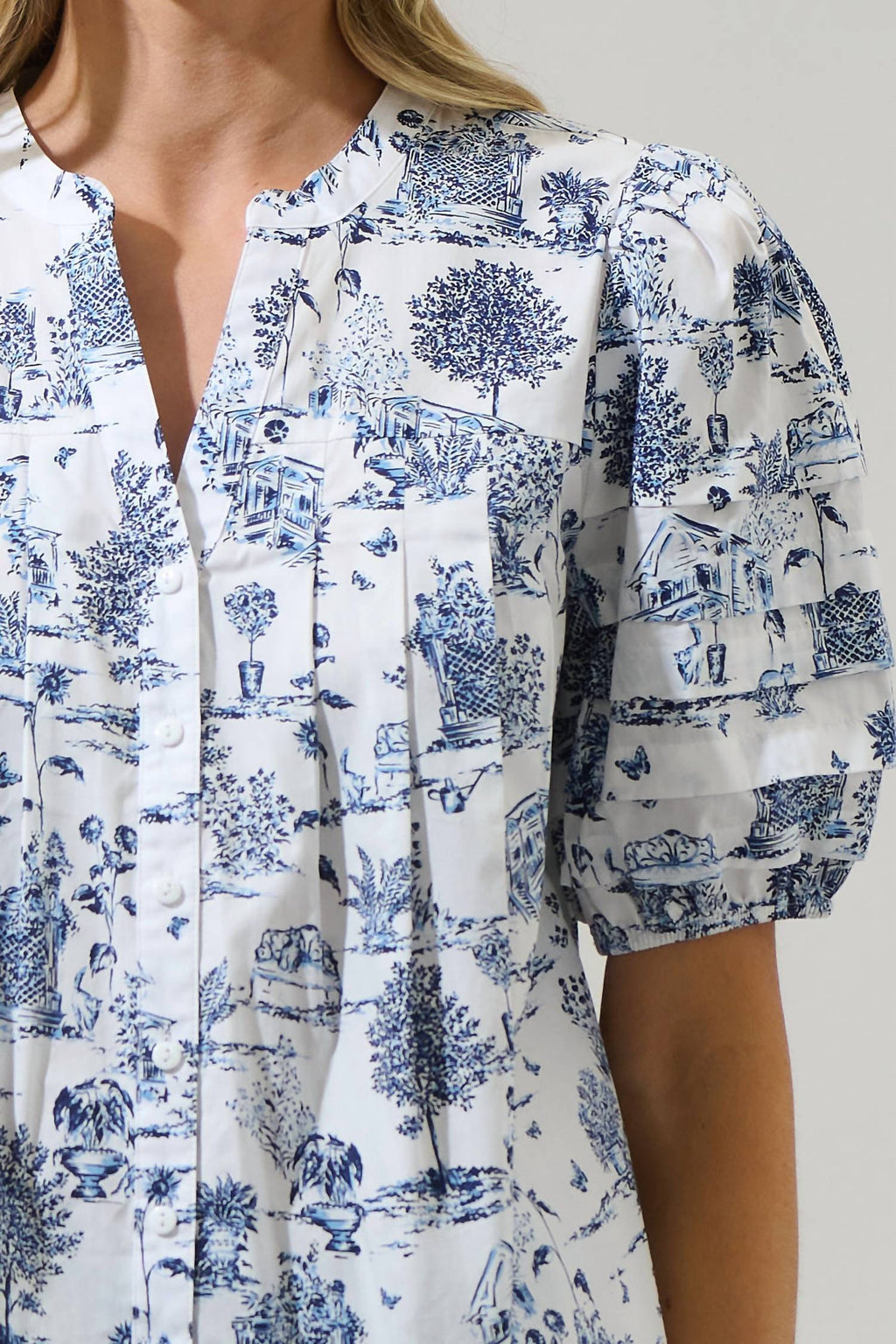 Renzo Toile Court Button Down Top In Blue