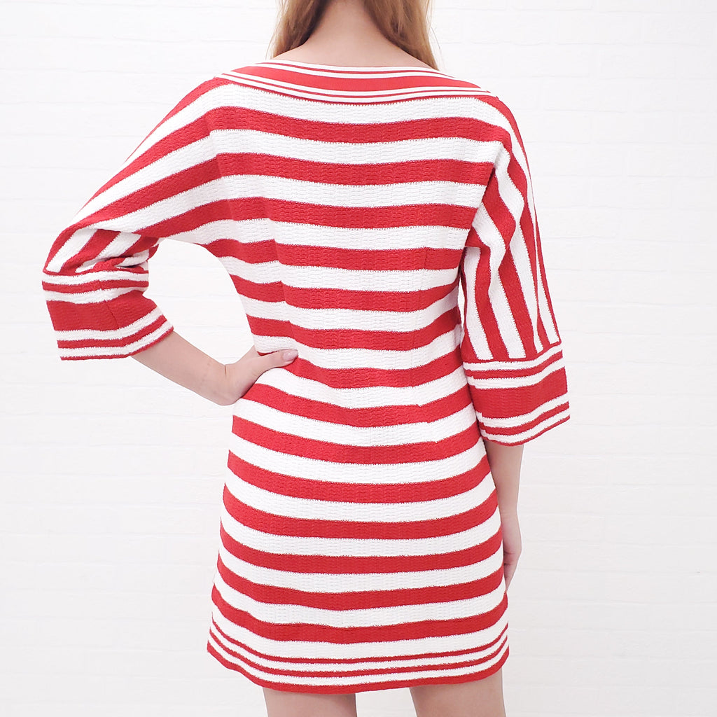 CHANEL 19P WHITE AND RED KNIT STRIPED CC LOGO BUTTONS MINI DRESS- SIZE 36