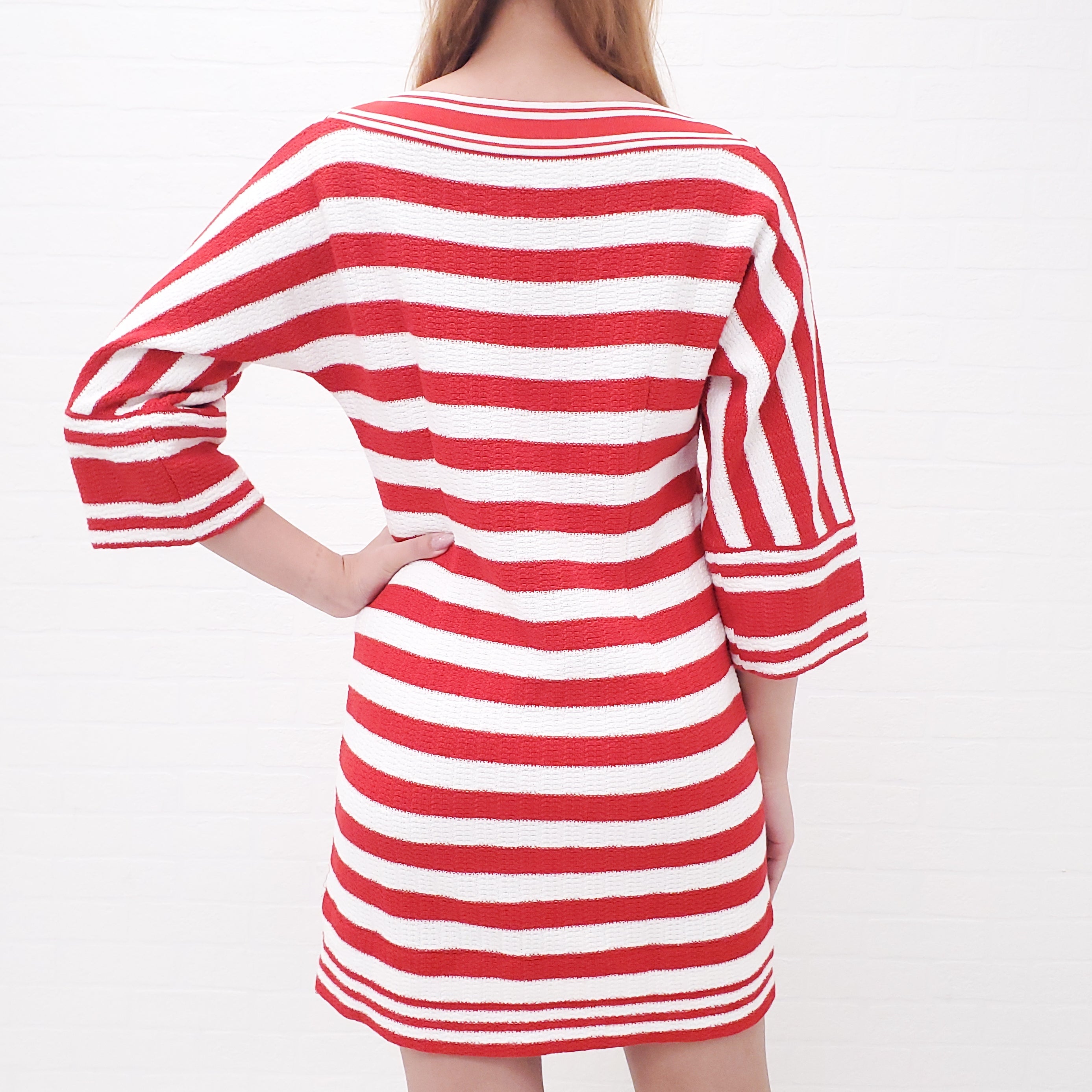 CHANEL 19P WHITE AND RED KNIT STRIPED CC LOGO BUTTONS MINI DRESS- SIZE 36