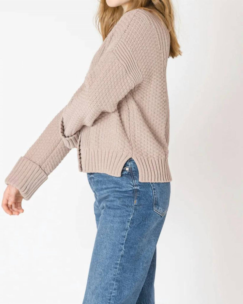 Cuffed Sleeve Textured Cardigan In Taupe