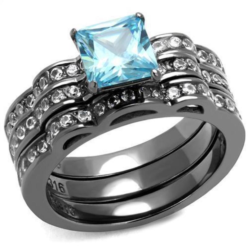 IP Light Black Stainless Steel Ring with AAA Grade CZ in Sea Blue