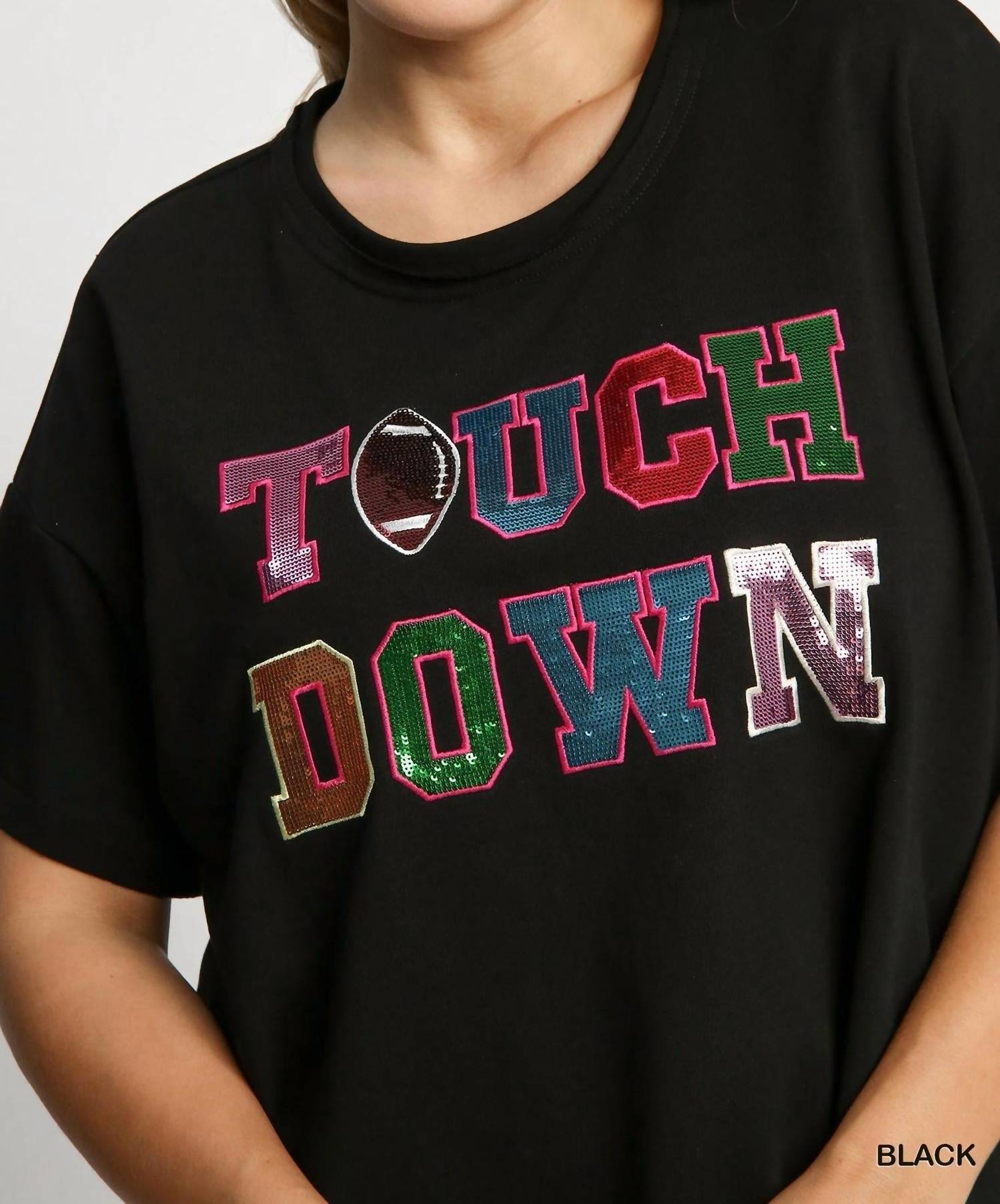 French Terry Sequin Touch Down Top - Plus In Black