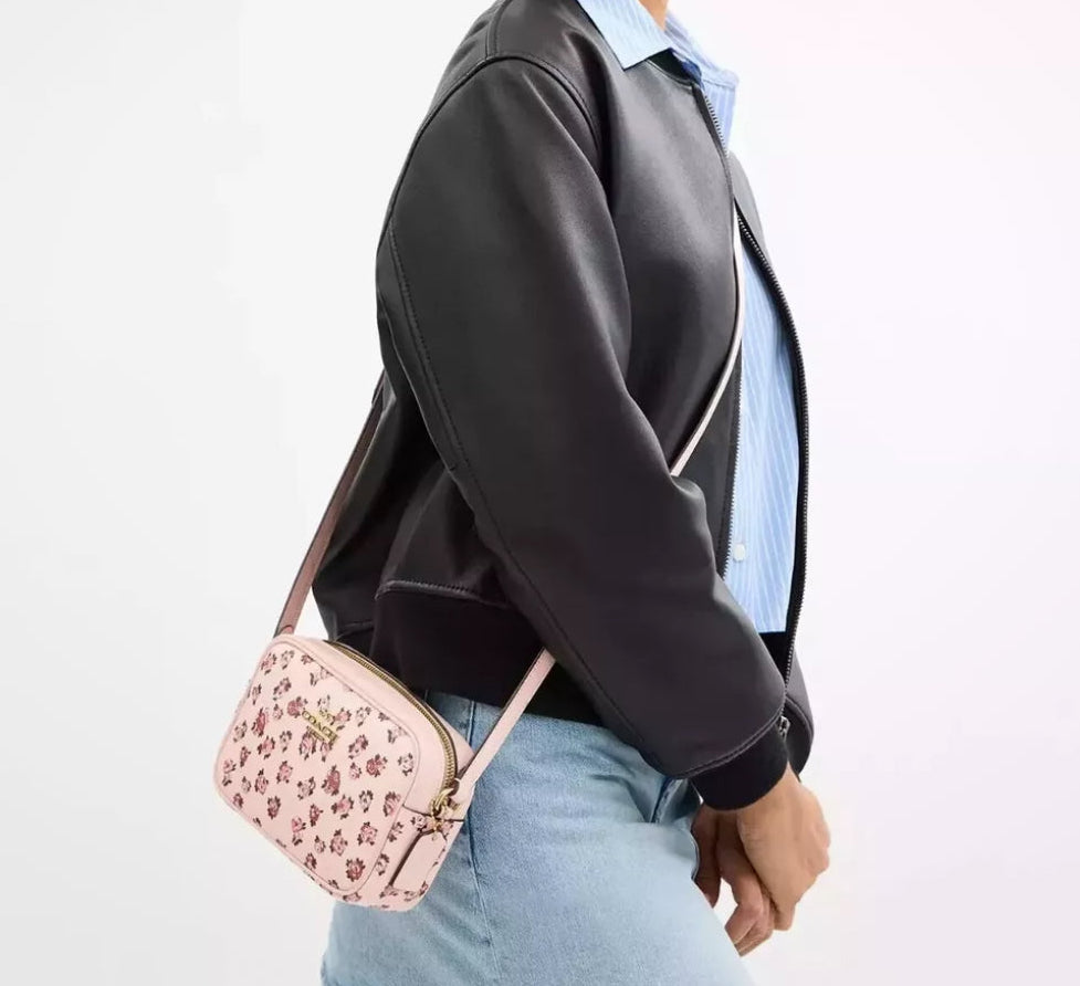 NWT Coach Mini Jamie Camera Bag With Rose Print In Gold/Blush Multi