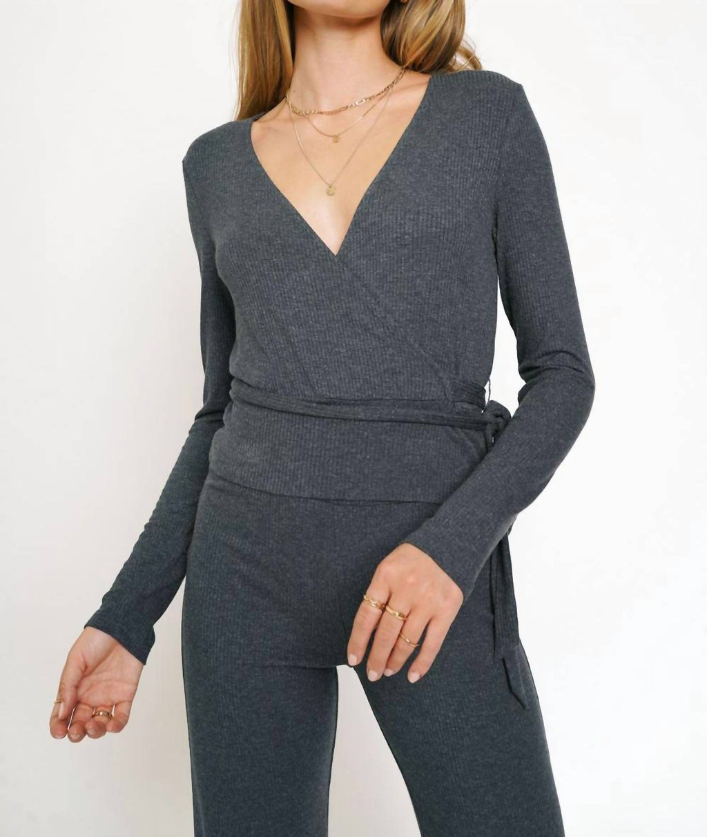 Wrap Tie Front Long Sleeve Rib Top In Deep Blue