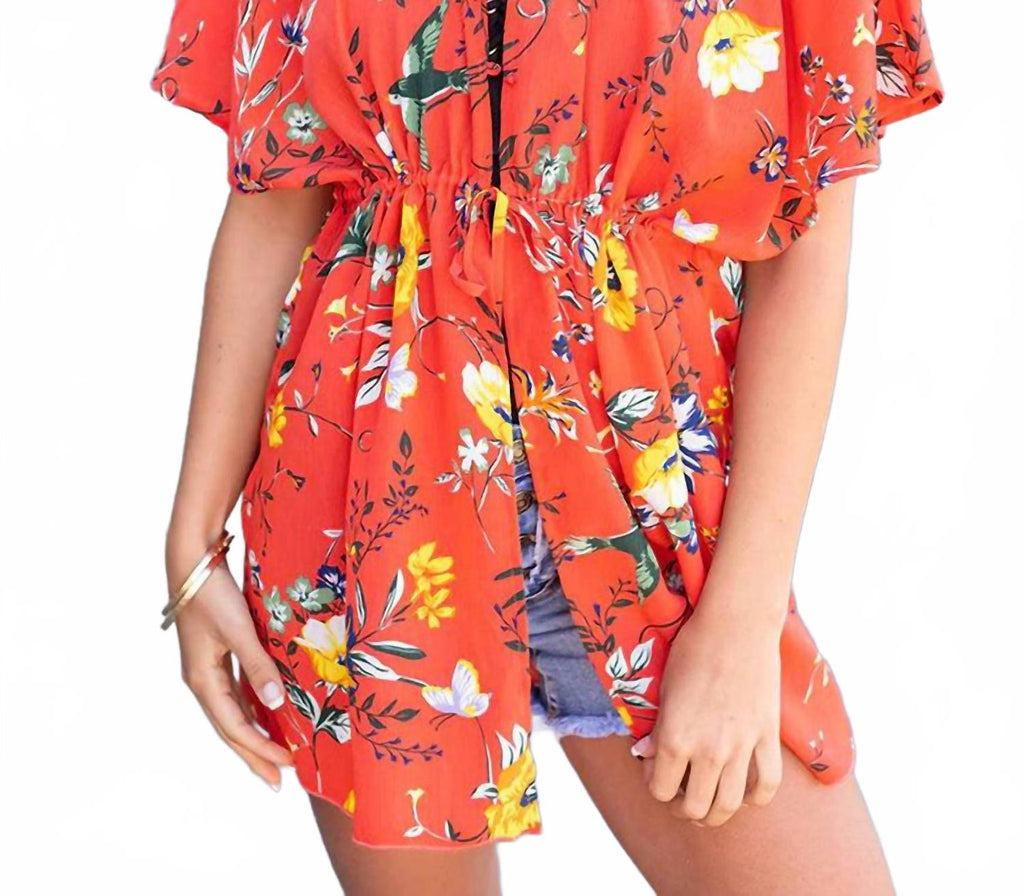 Cover Up Kimono In Coral Floral