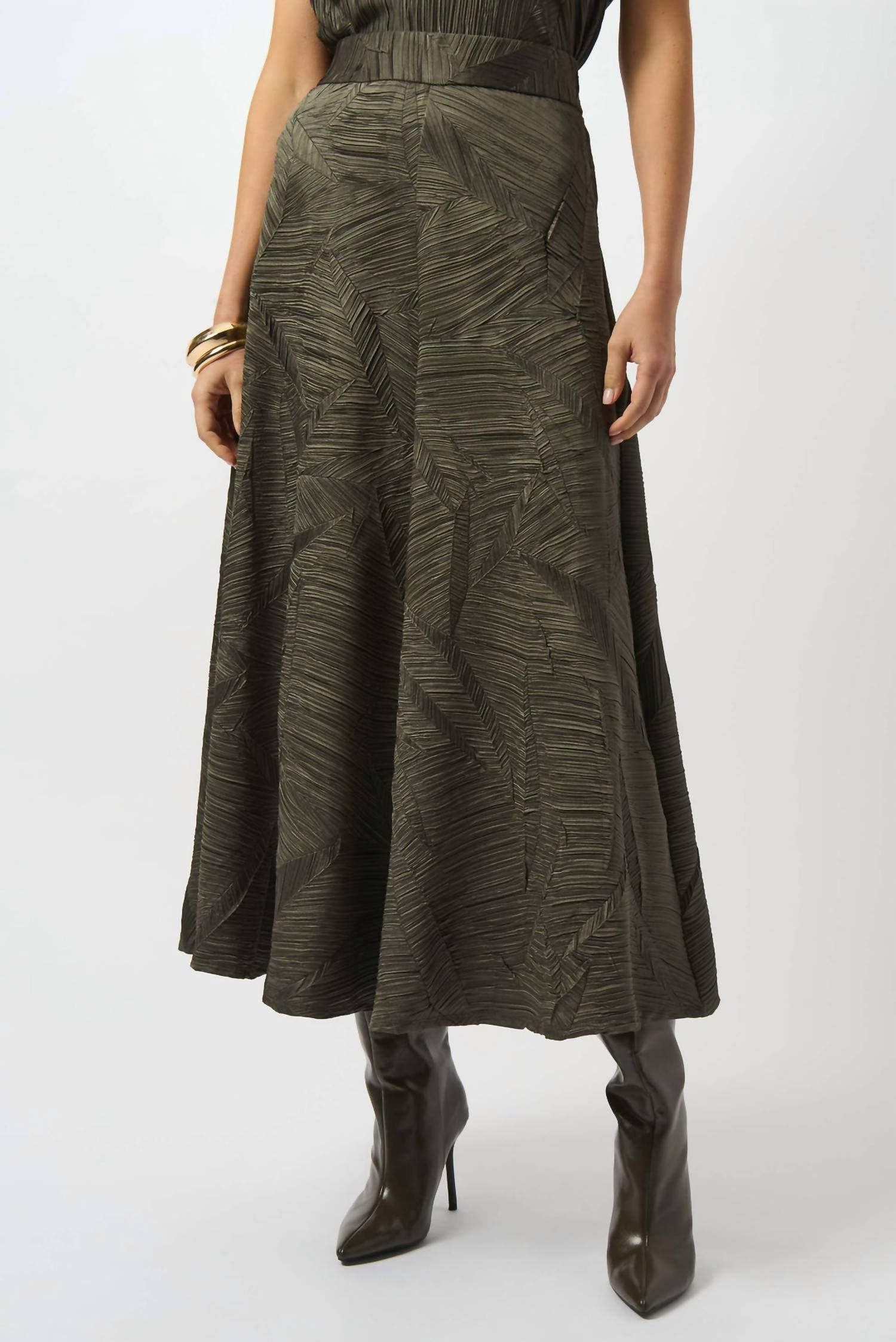 Pleated Satin Long Flared Skirt In Avocado