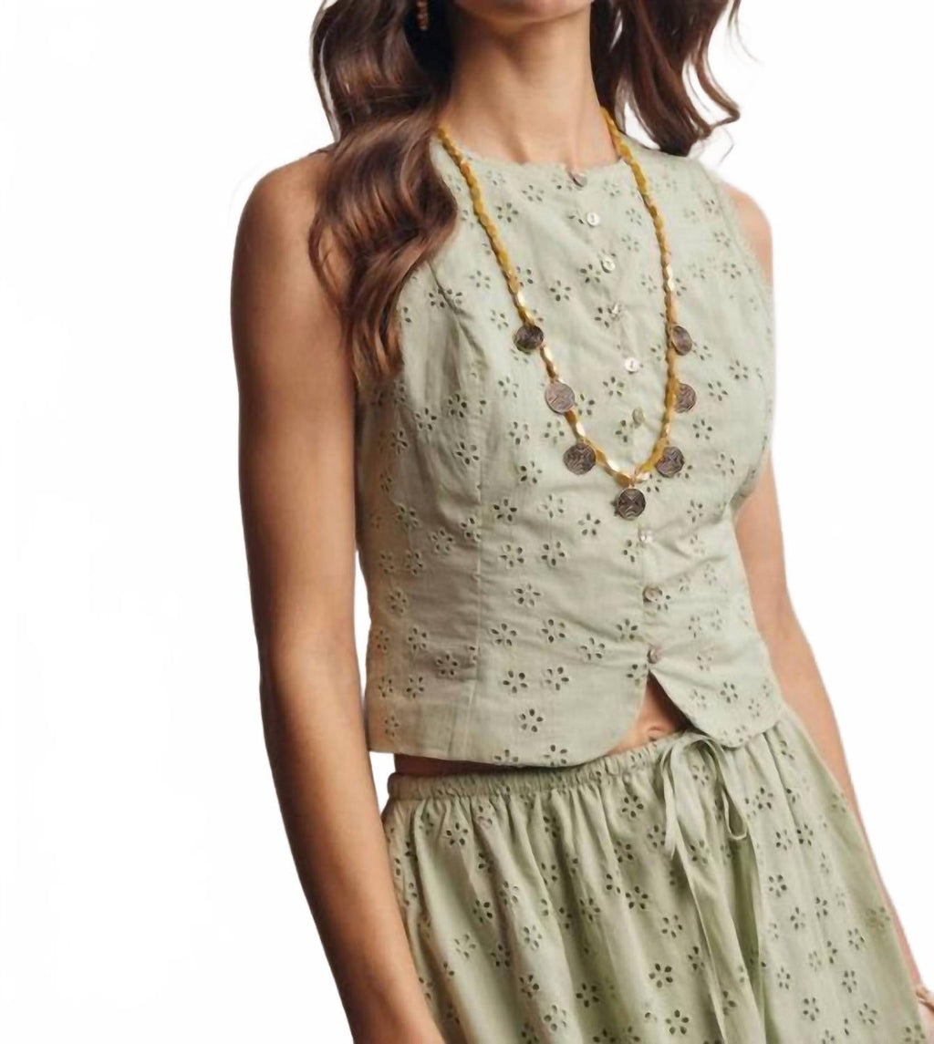 Eyelet Button-Front Top In Green