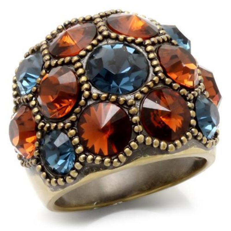 Antique Copper Brass Ring with Top Grade Crystal in Multi Color