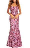 Strapless Sequin Mermaid Dress With Colorful Floral Design In Pink