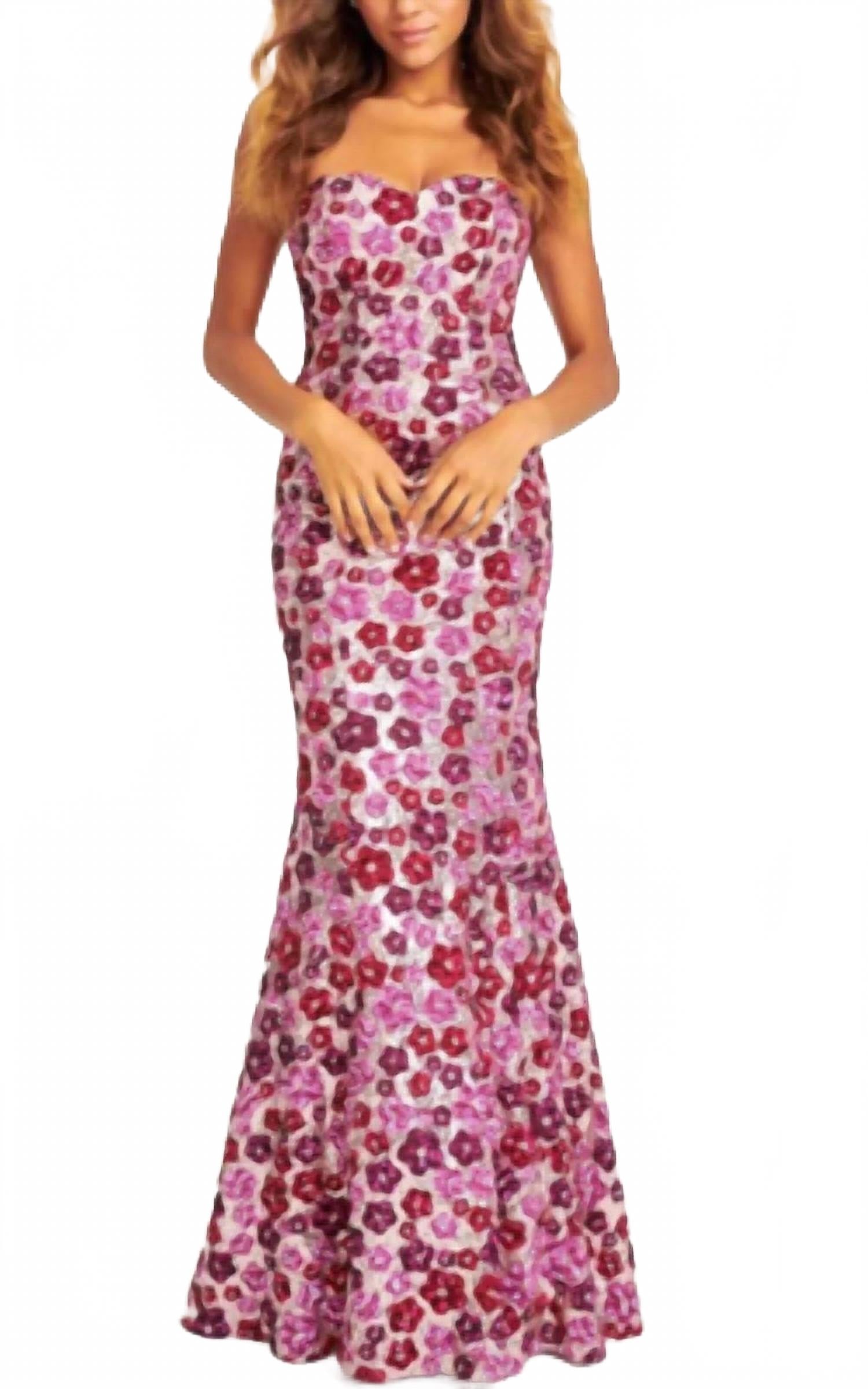 Strapless Sequin Mermaid Dress With Colorful Floral Design In Pink