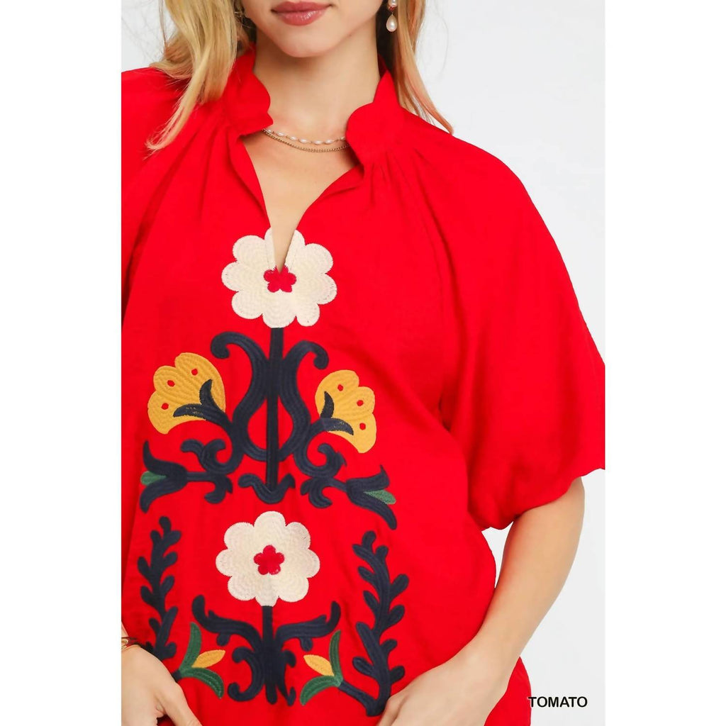 Embroidered Boho Top In Tomato
