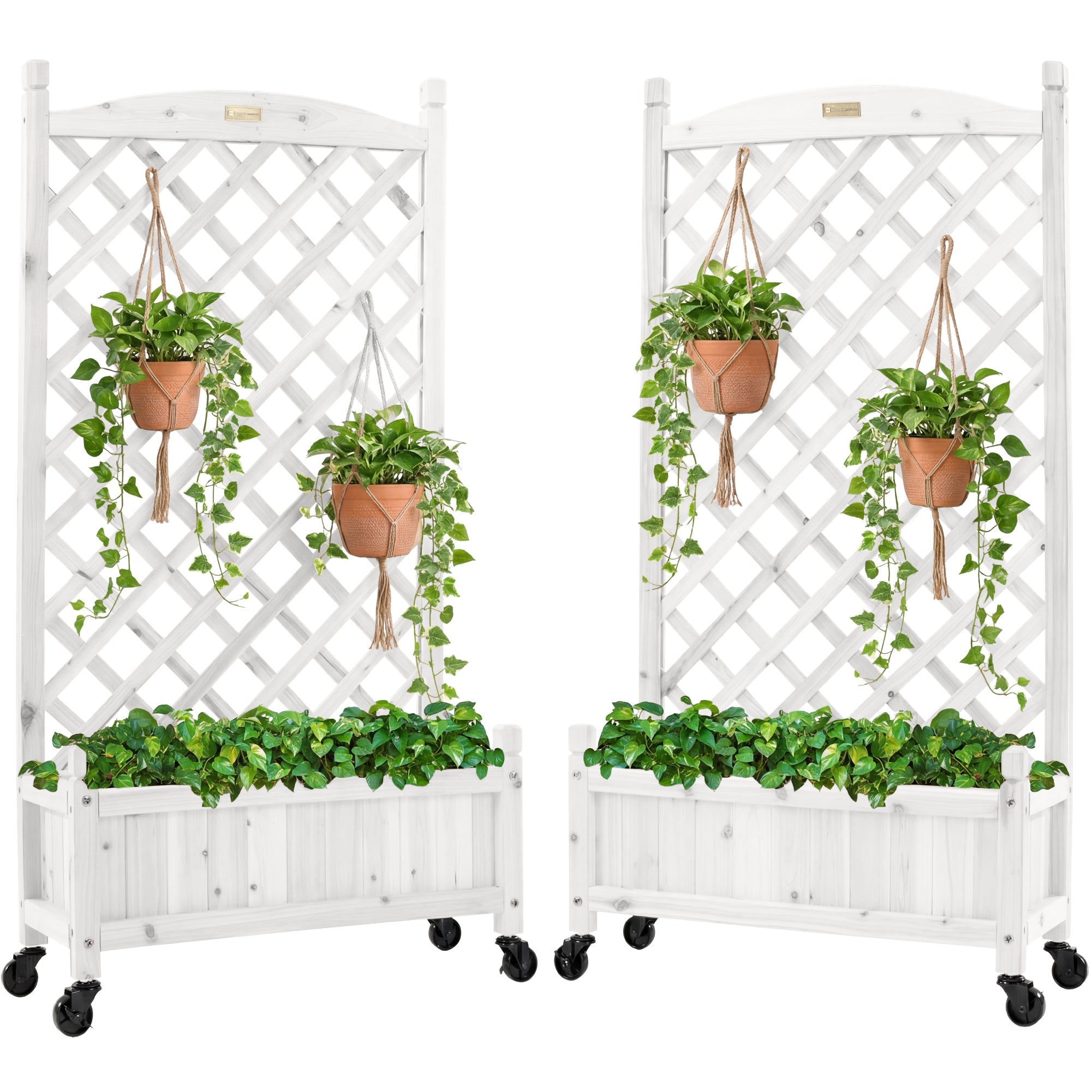 Best Choice Products Set of 2 48in Wood Planter Box & Diamond Lattice Trellis, w/ Drainage, Optional Wheels - White