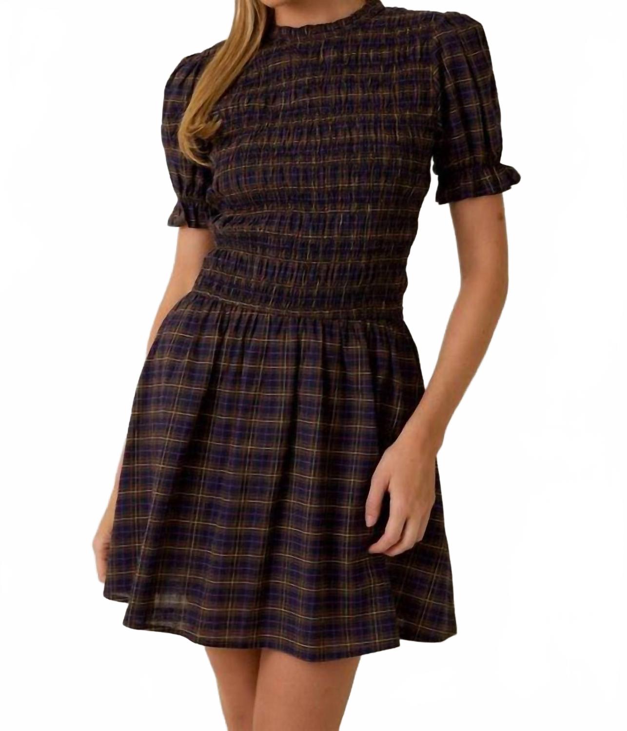 Mock Neck Smocked Mini Dress In Navy Multi