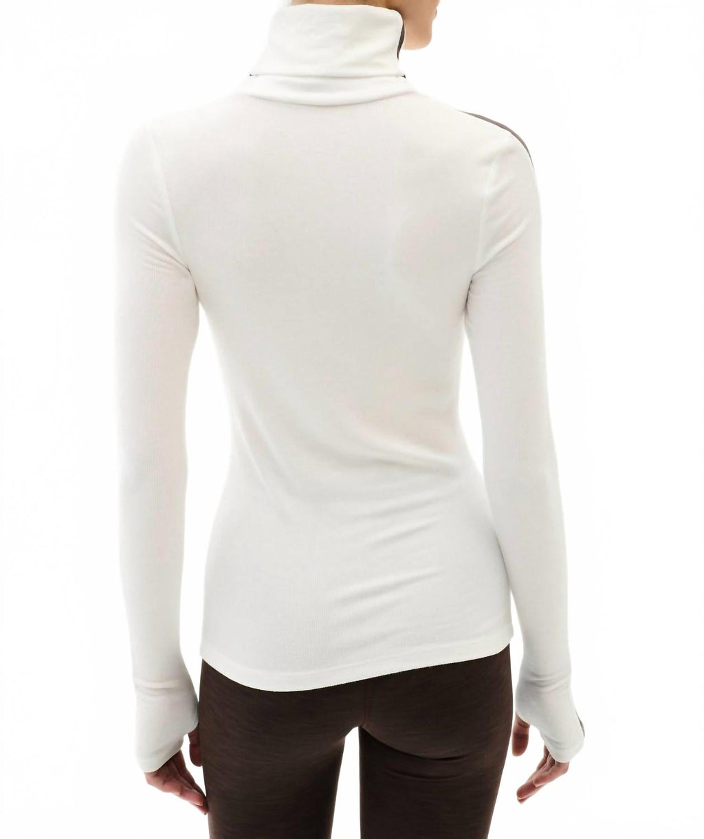Jackson Rib Full Length Turtleneck Top In White/dark Chocolate