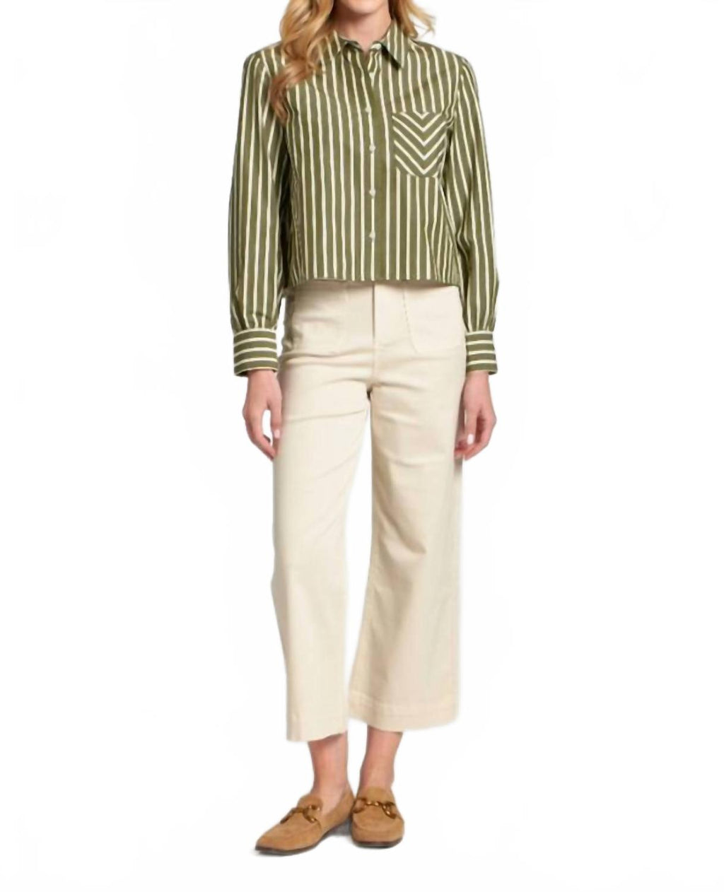 Cropped Striped Blouse In Olive/white