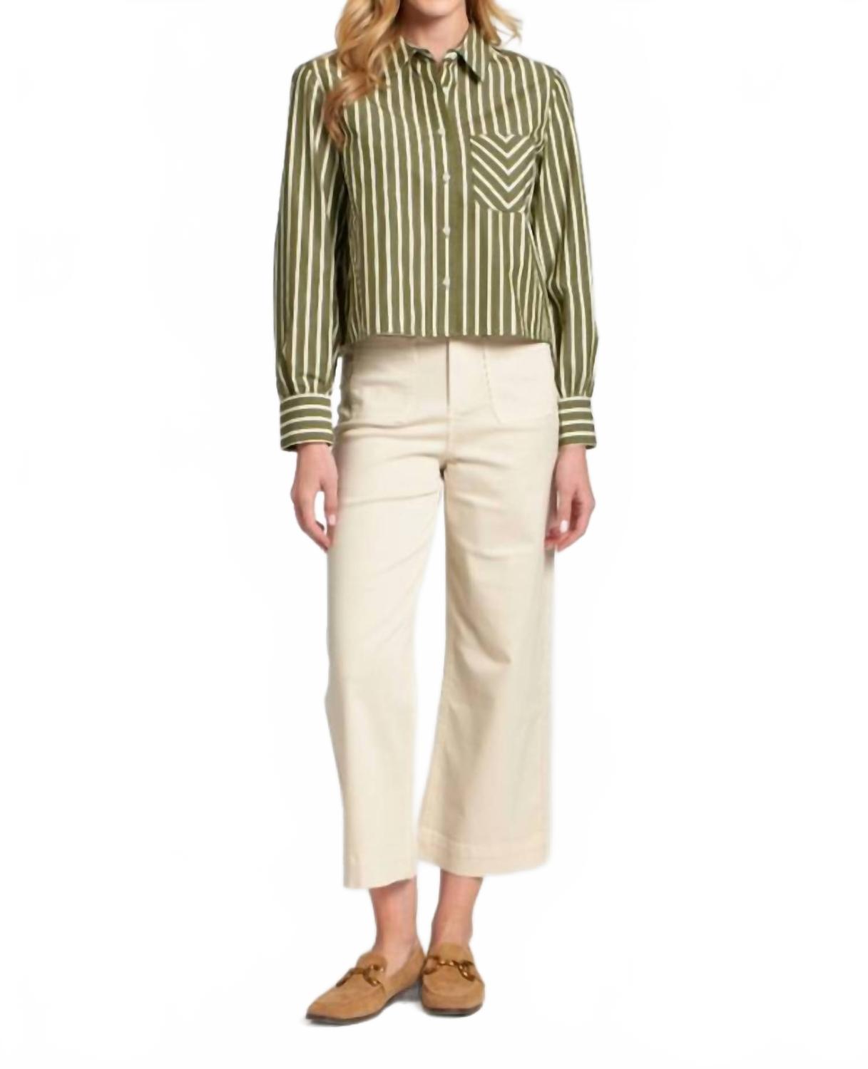 Cropped Striped Blouse In Olive/white