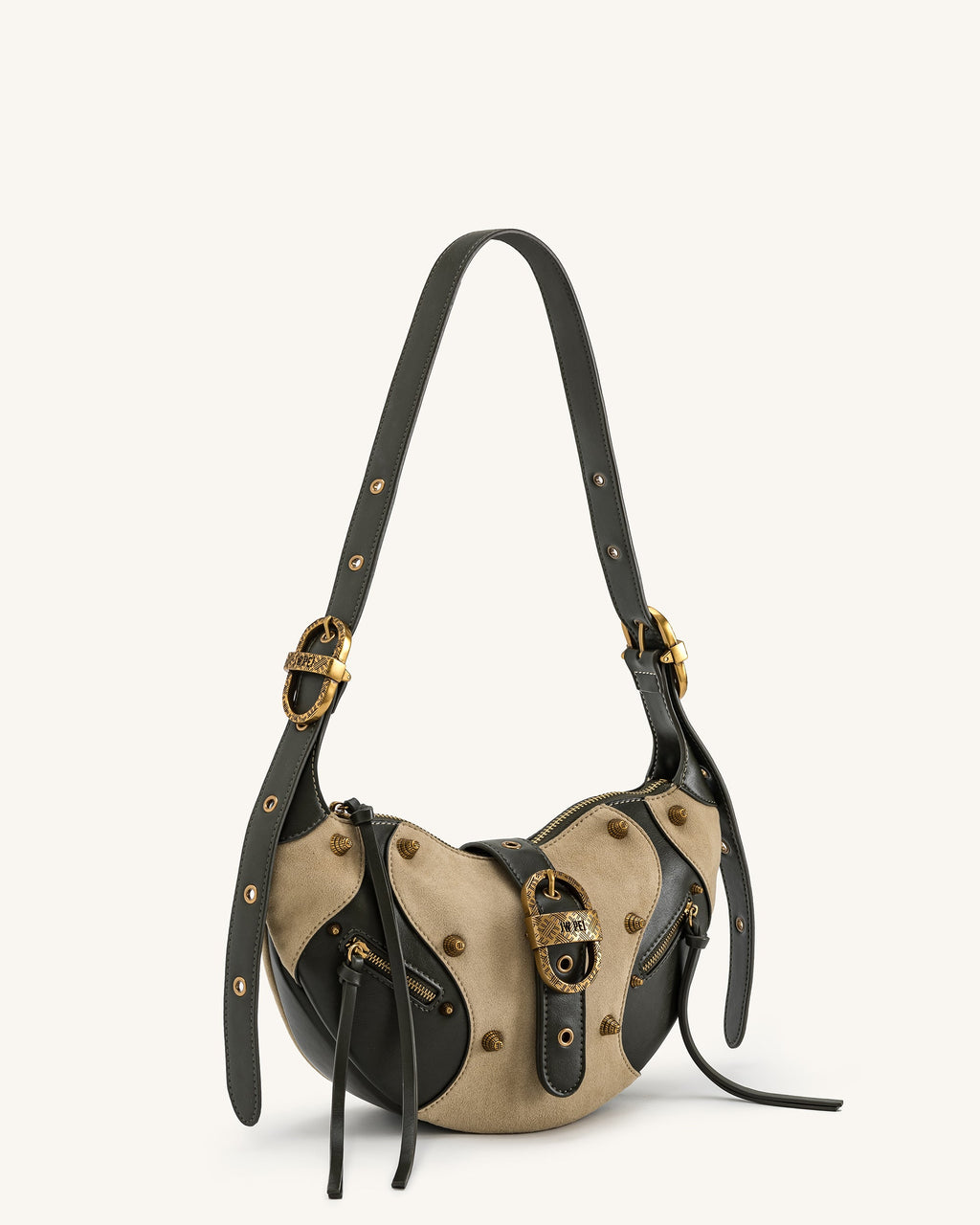 Tessa Faux Suede Studded Shoulder Bag - Khaki Green