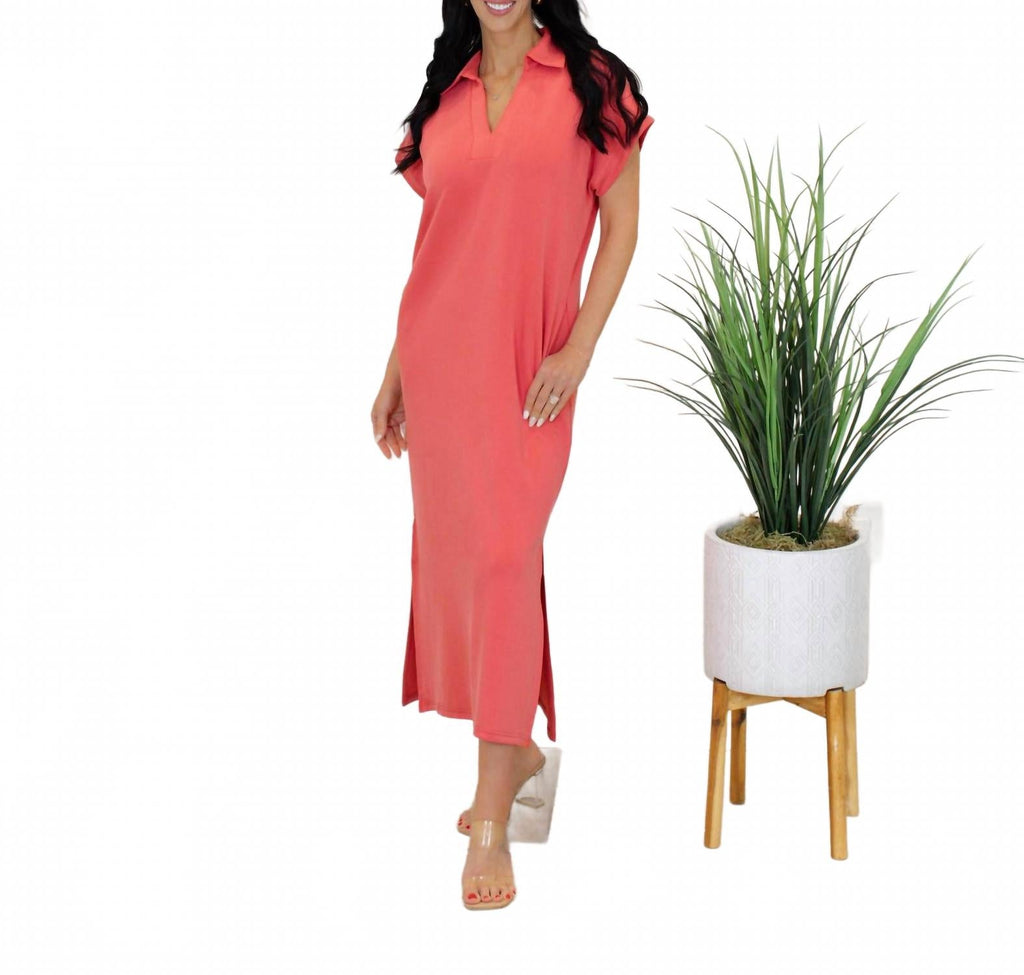 Solid Knit Split Collar Short Sleeve Midi Dress In Coral