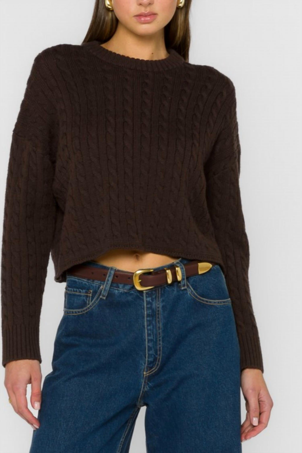 Kalliope Cable Knit Cropped Sweater In Brown