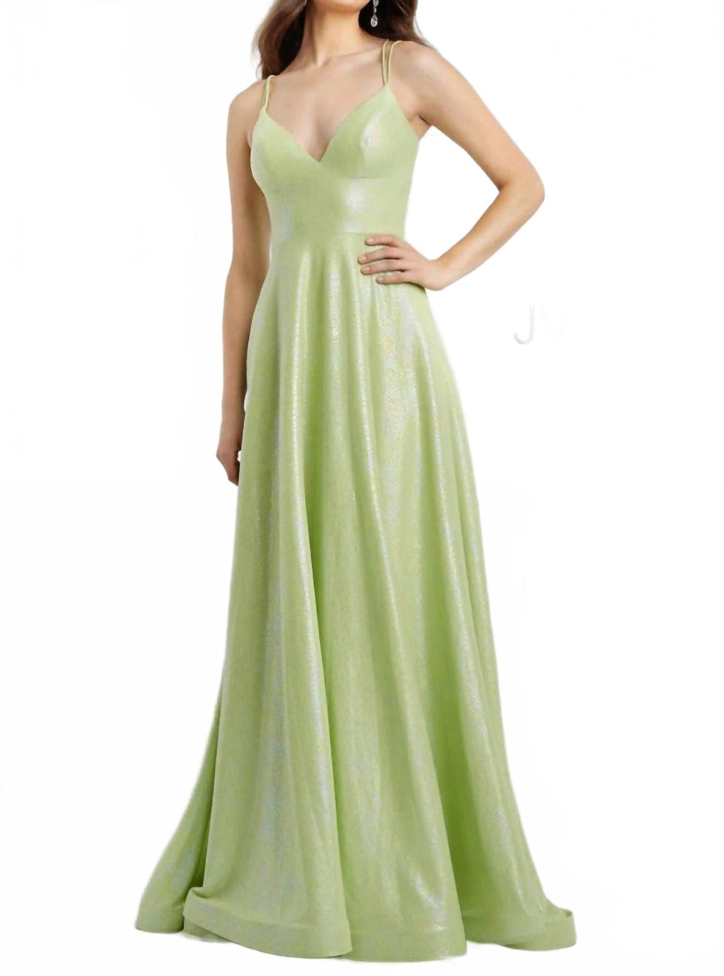 Double Strap Shimmer Gown In Light Green