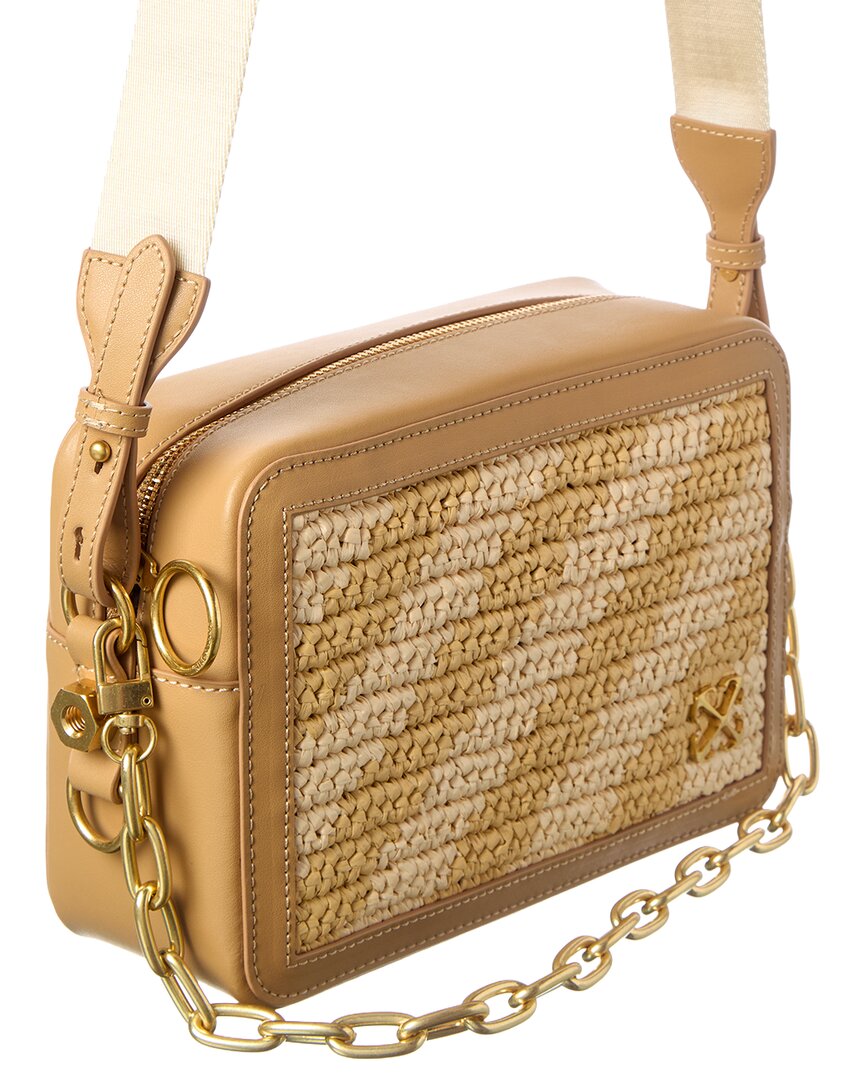 Off-White Medium Straw & Leather Camera Bag