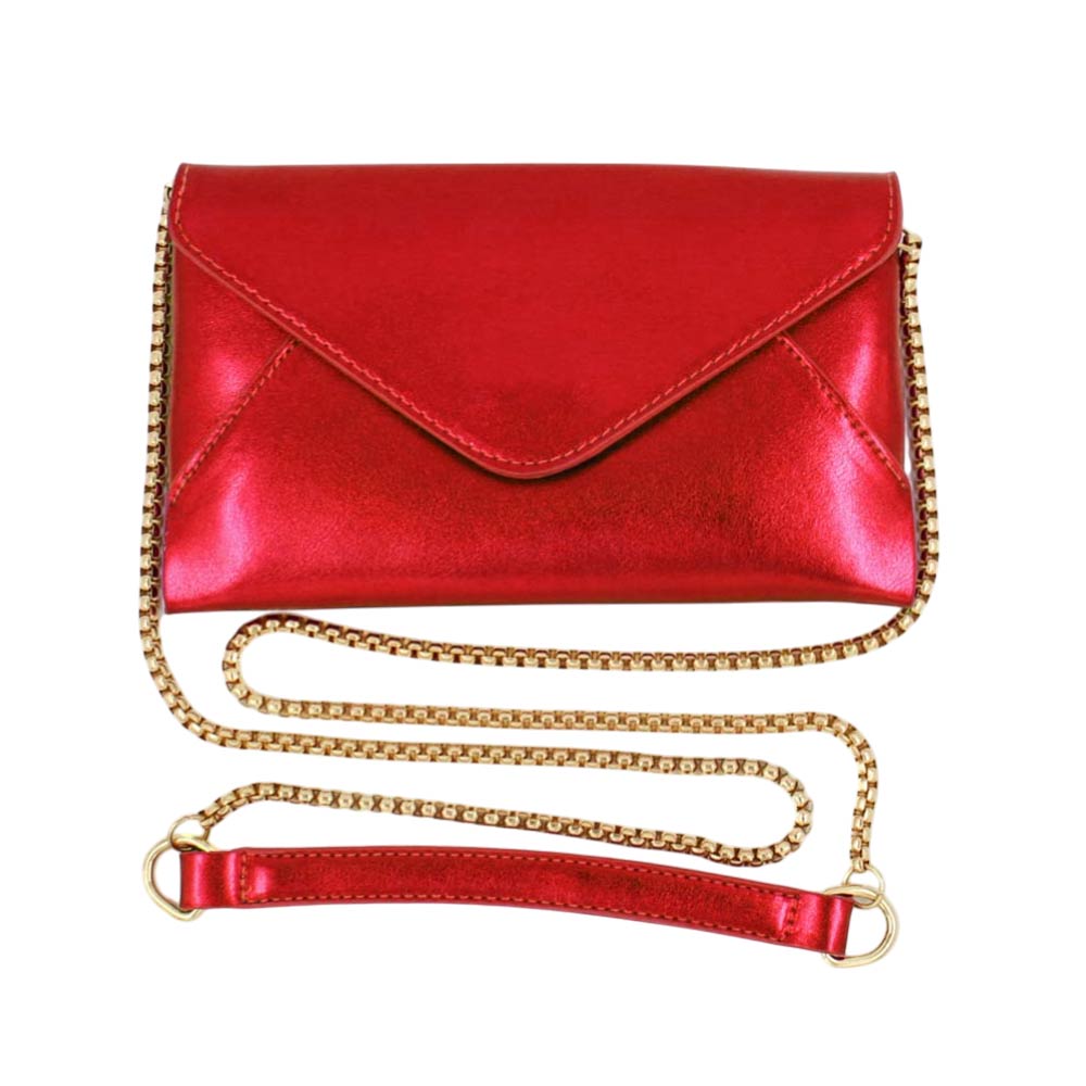Faux Leather Metallic Envelope Clutch Crossbody Bag