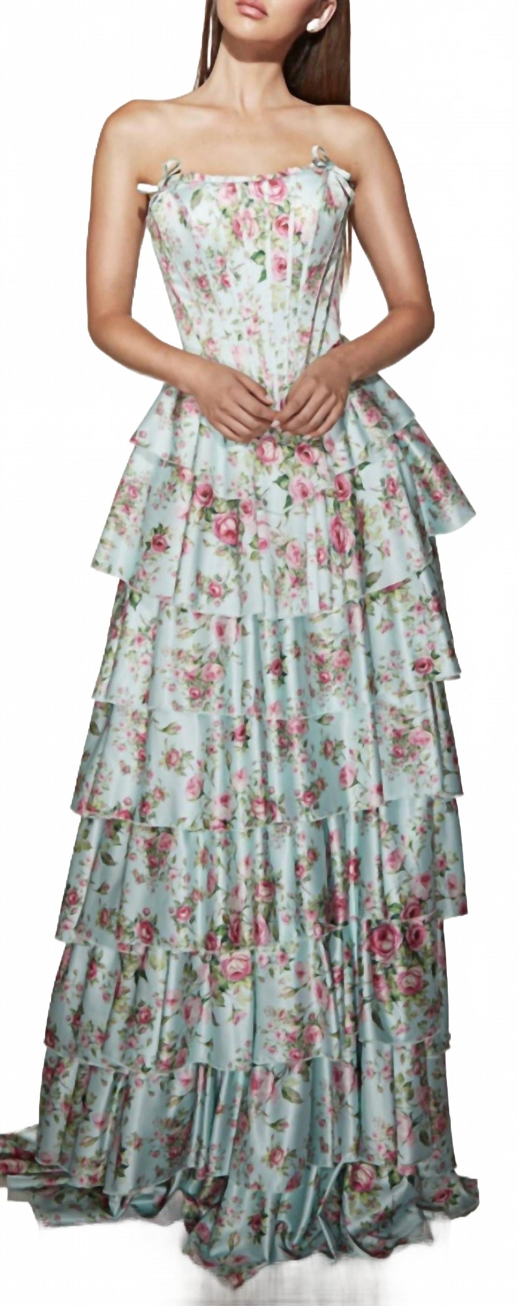 Ruffle Satin Ballgown In Tiffany Multi