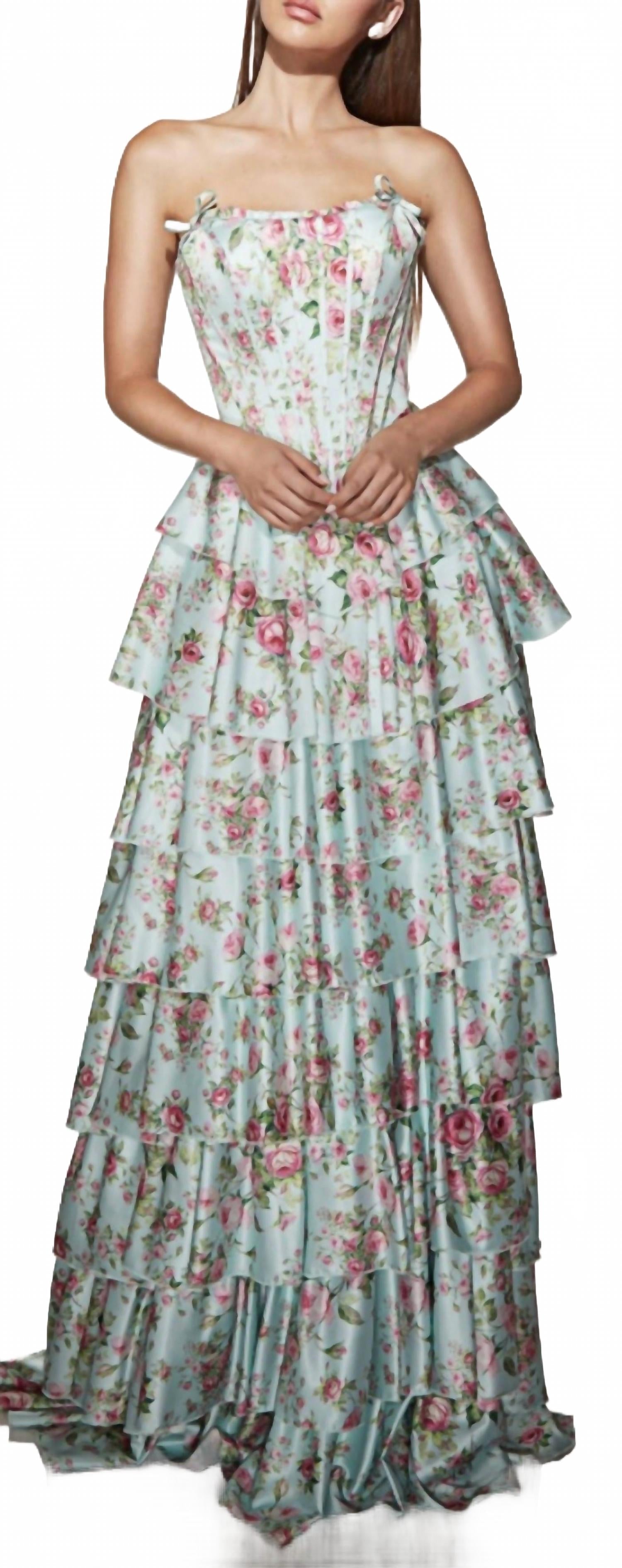 Ruffle Satin Ballgown In Tiffany Multi