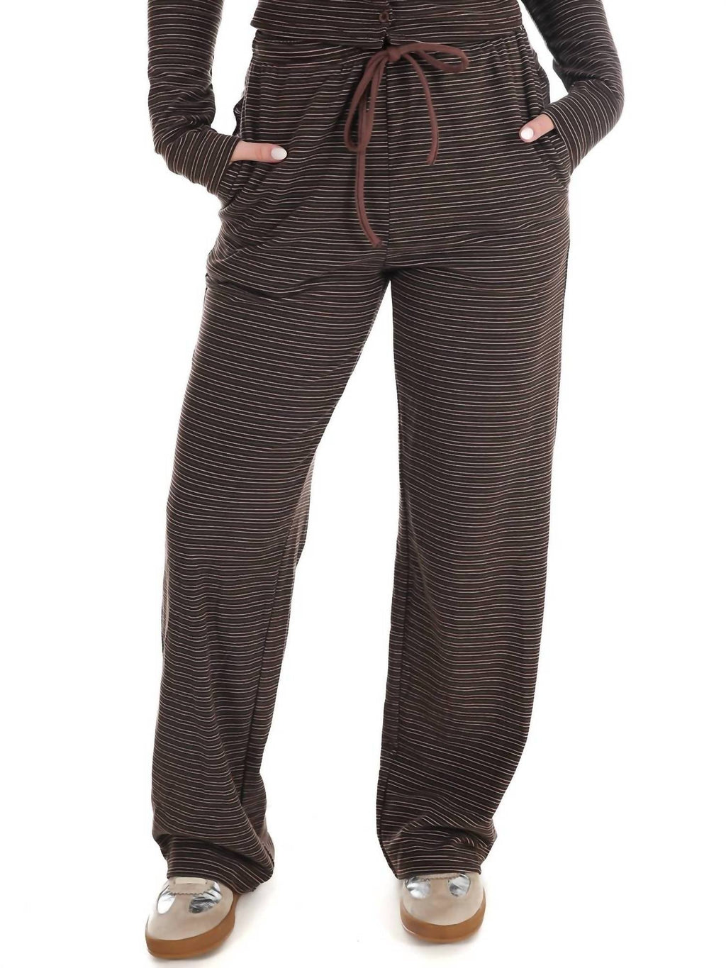 Sweet And Certain Striped Drawstring Lounge Pants In Chocolate