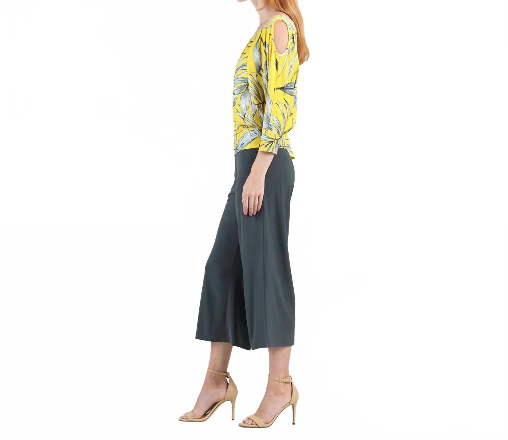 Open Shoulder Blouson Waist Top In Yellow Print