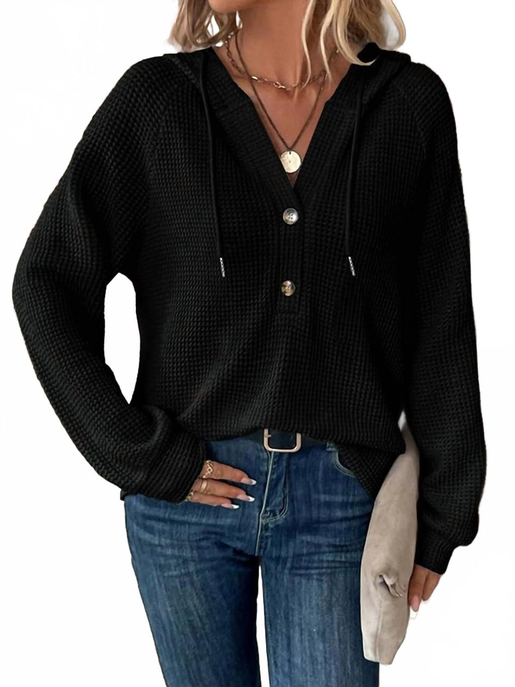 Waffle Button-Up Hoodie Pullover In Black