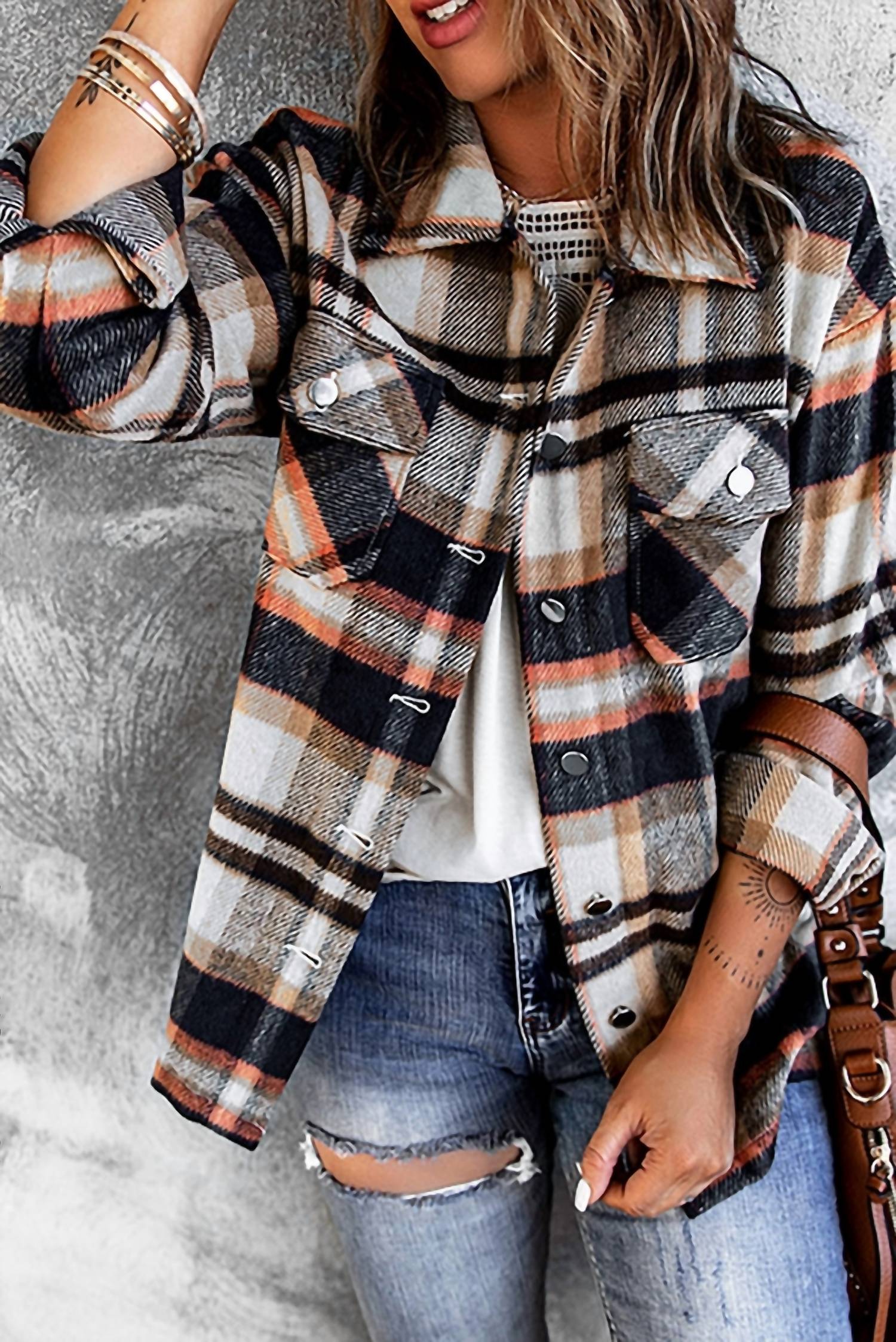 Multicolor Plaid Casual Button Up Jacket In Blue