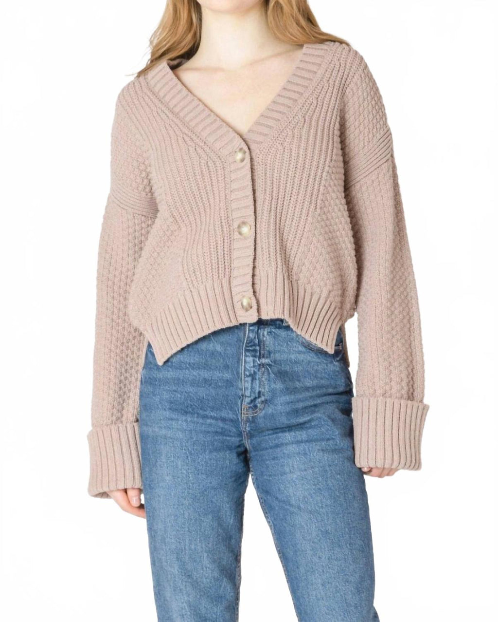 Cuffed Sleeve Textured Cardigan In Taupe