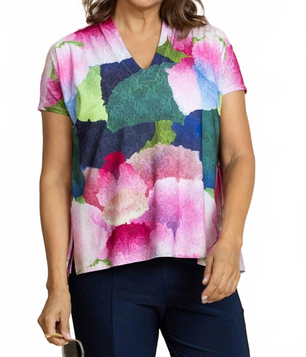 Deep V Short Sleeve Print Top In Petal Poetry