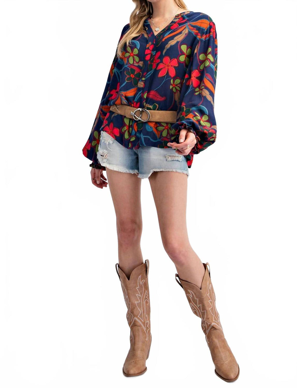 Peach Blossom Floral Gauze Top - Plus In Navy