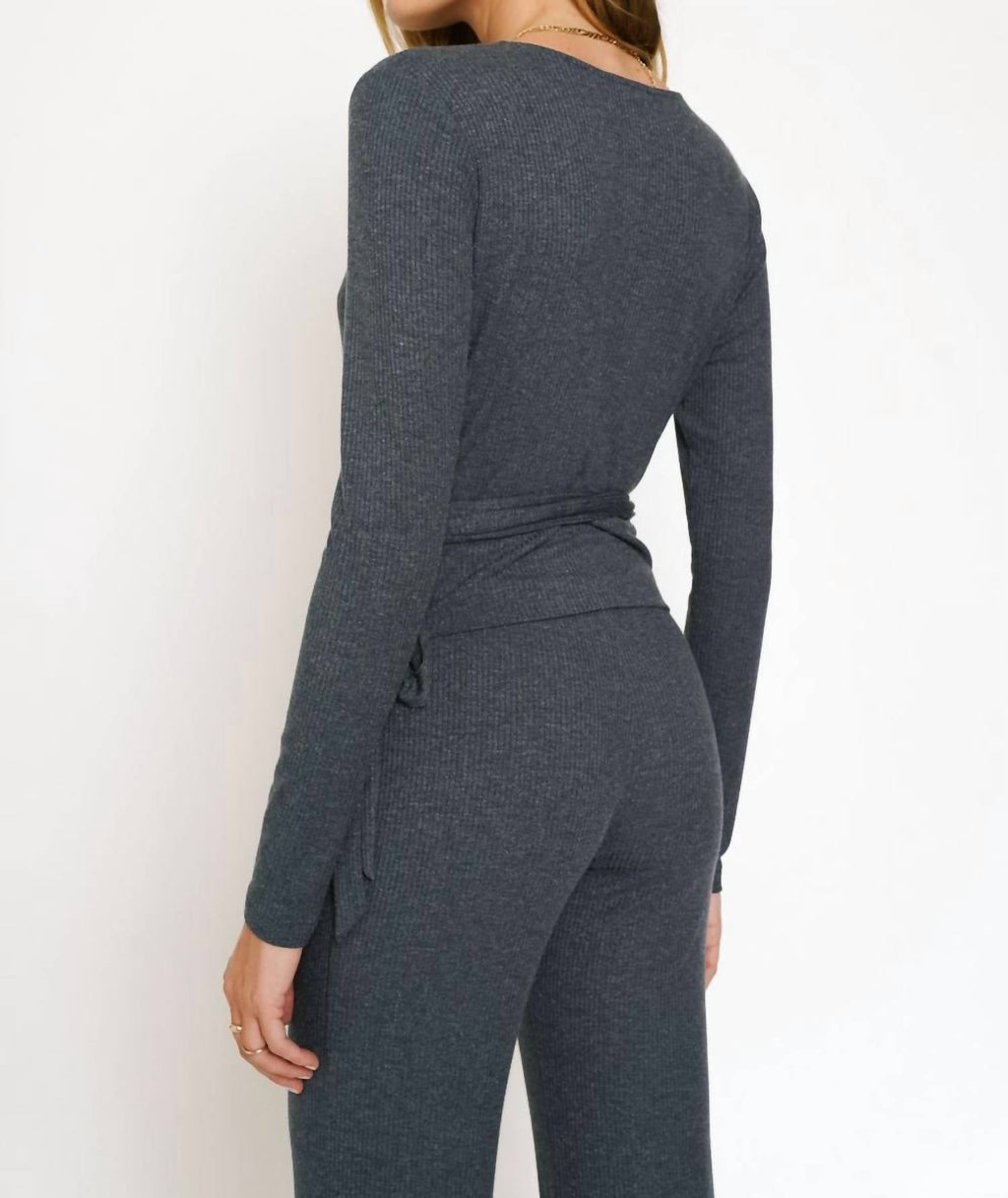 Wrap Tie Front Long Sleeve Rib Top In Deep Blue